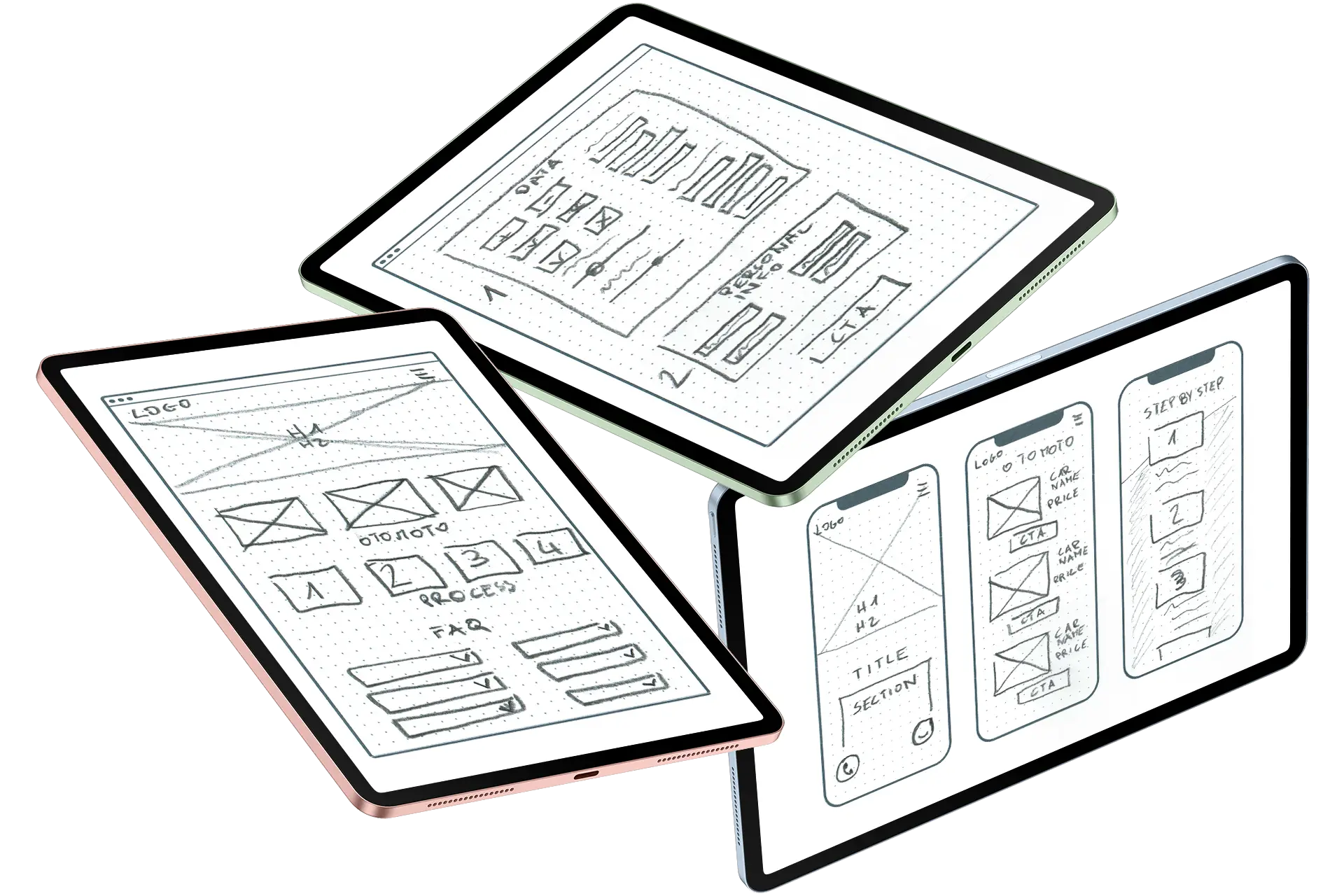 3 ipads with wireframes